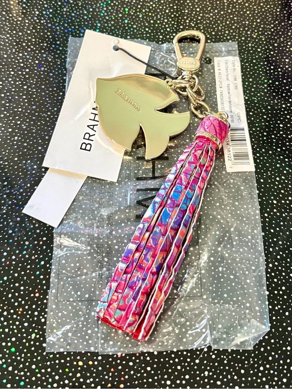 Brahmin Rainbow Fish Multi Leather Tassel Keychain with Fish Charm